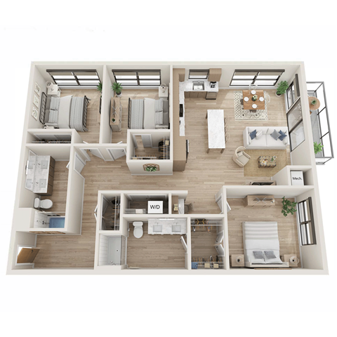 Floor plan for 3 beds, 2 baths, 1424 sqft